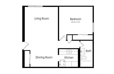 Floor plan for 1 bed, 1 bath, 600 sqft